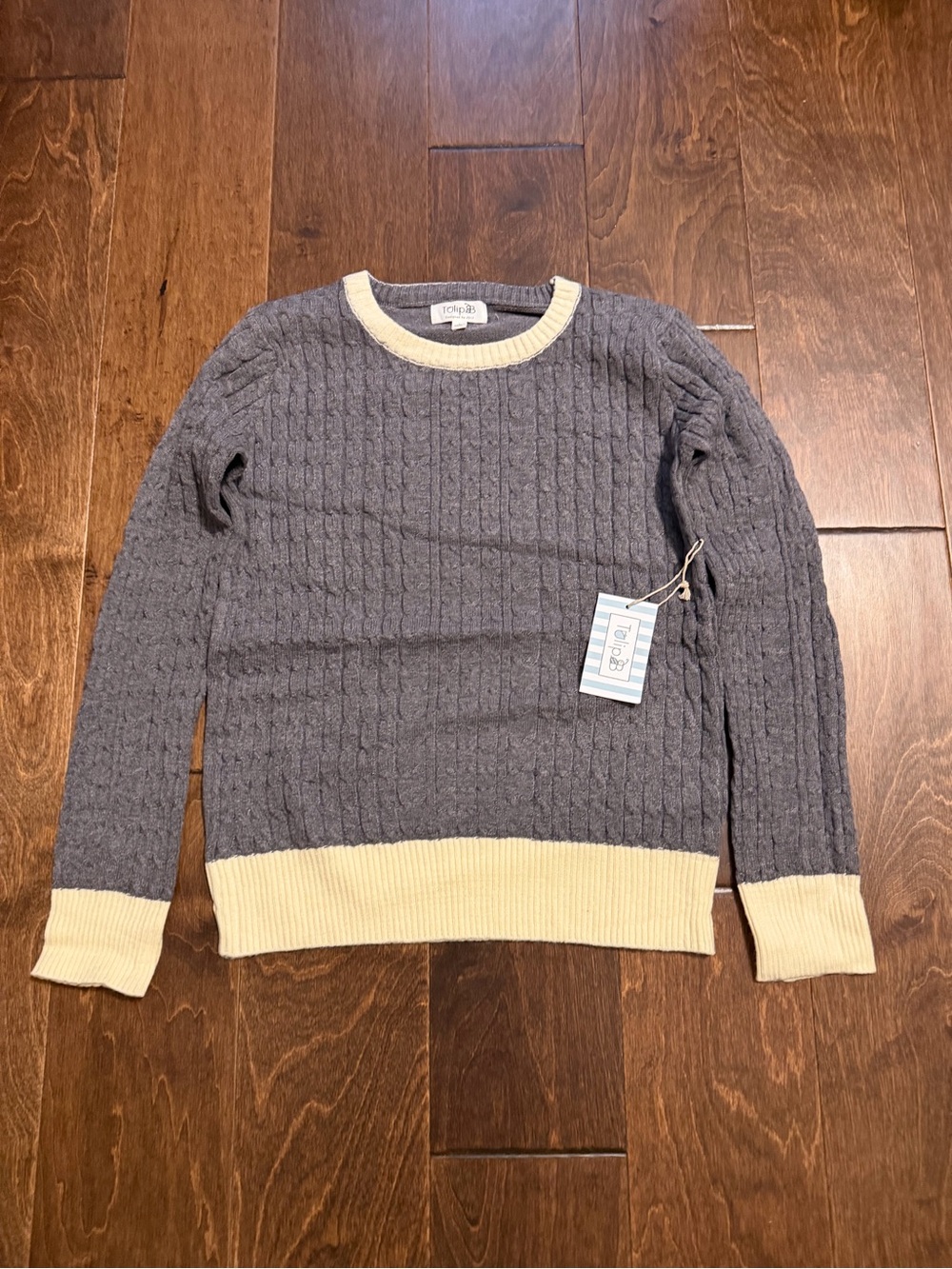 Women's Gray Cable Knit Crewneck Sweater with Cream Trim